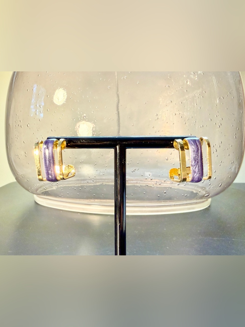 Vintage 1980s Gold Tone Purple Enamel Geometric Hoop Stud Earrings